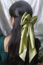 Double-Layered Olive Green Silk Hair Bow – Elegant Oversized Hair Accessory for Girls & Women - Image 2