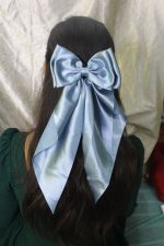 Double-Layered Light Blue Silk Hair Bow – Elegant Oversized Hair Accessory for Girls & Women - Image 4