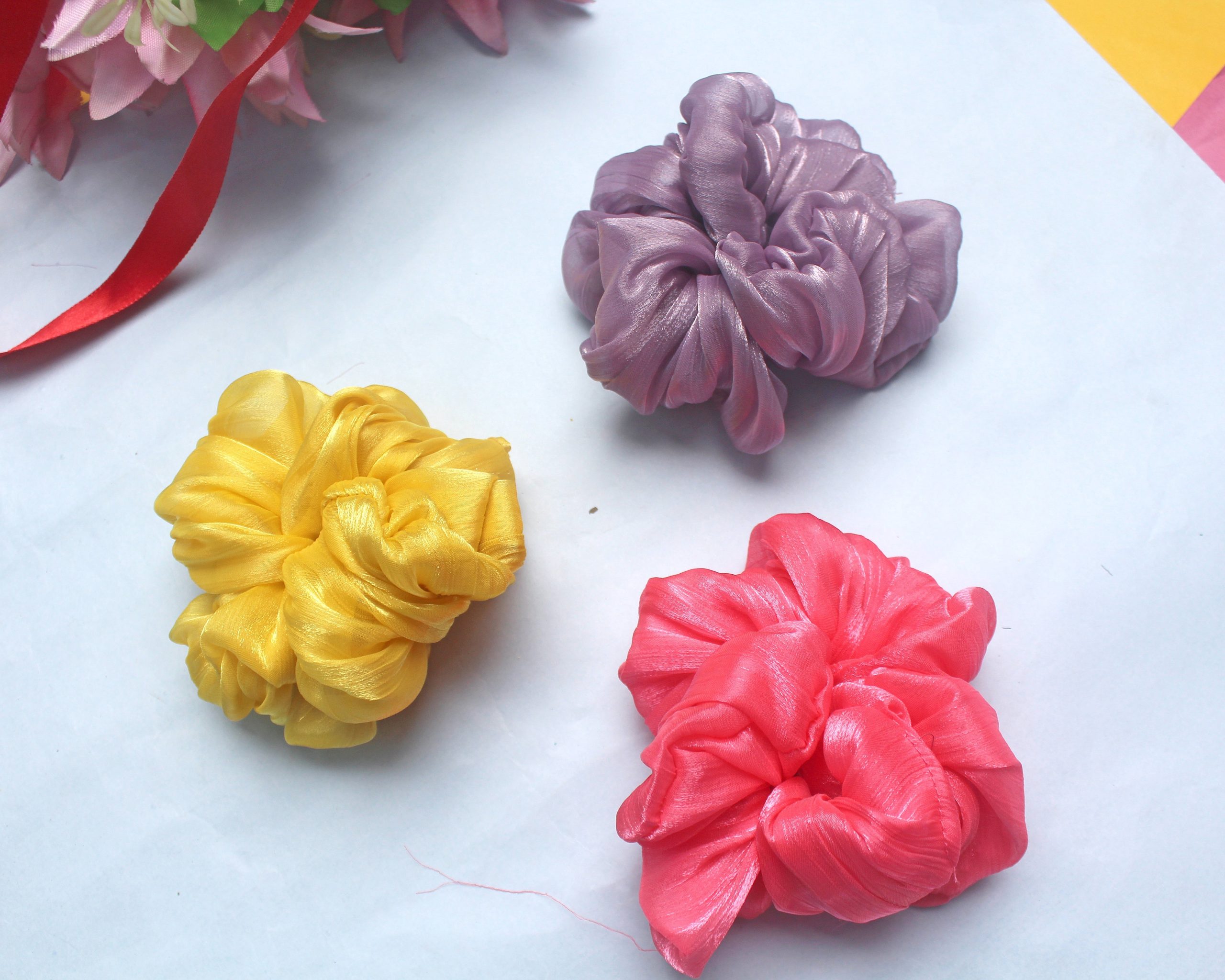 Sunset Bloom Satin Scrunchie Combo – Set of 3 Sunset Bloom Satin Scrunchie Combo – Set of 3