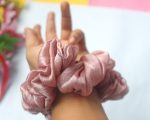 Premium Satin Scrunchies – Set of 3 (Blush Pink, Sky Blue & Deep Plum) - Image 3