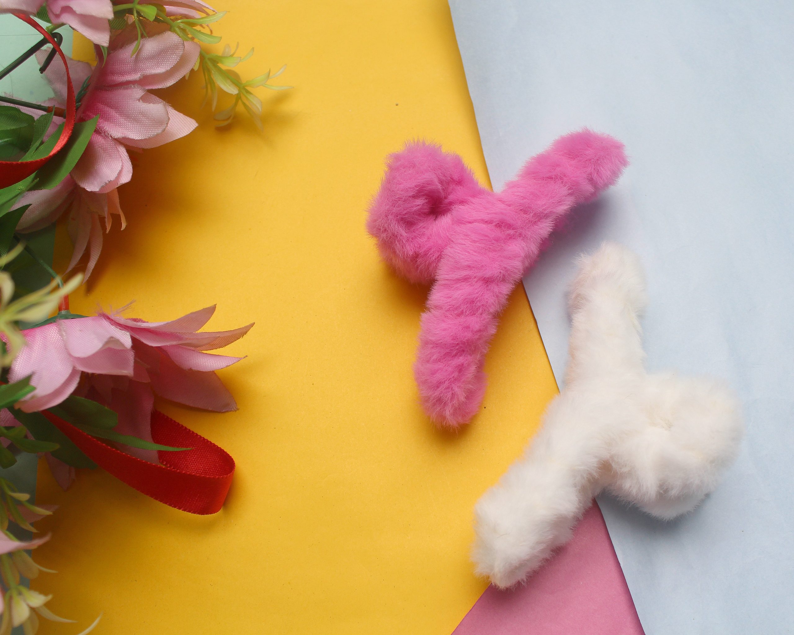 Pink & White Fuzzy Hair Clip Combo of 2 Pink & White Fuzzy Hair Clip Combo of 2
