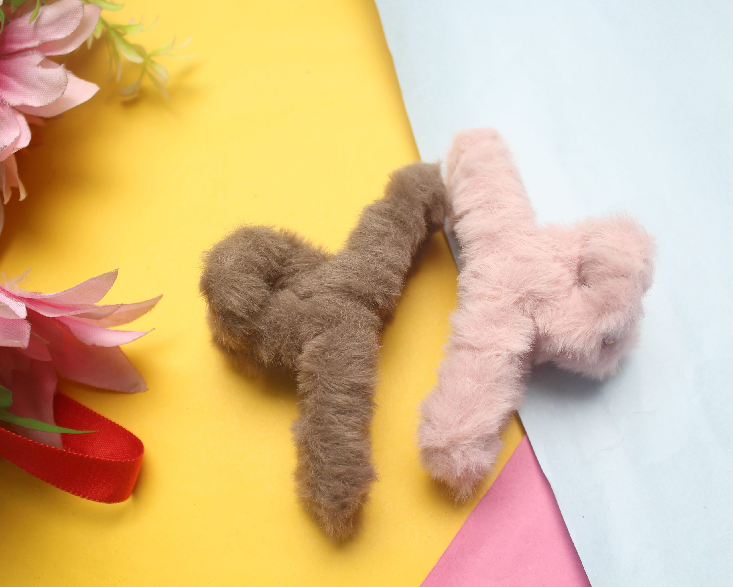 Brown & Baby Pink Fuzzy Hair Clip Combo Brown & Baby Pink Fuzzy Hair Clip Combo