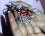 Silver Wire Charm Bracelet with Red Beads, Hamsa Hand, LOVE Ring & Dolphin Dangles – Radiant Symbols Collection - Image 3