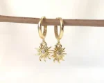 Gold sunburst huggies, 18k gold plated sun charm earrings, crystal celestial earrings, dainty gold earrings, minimalist jewelry